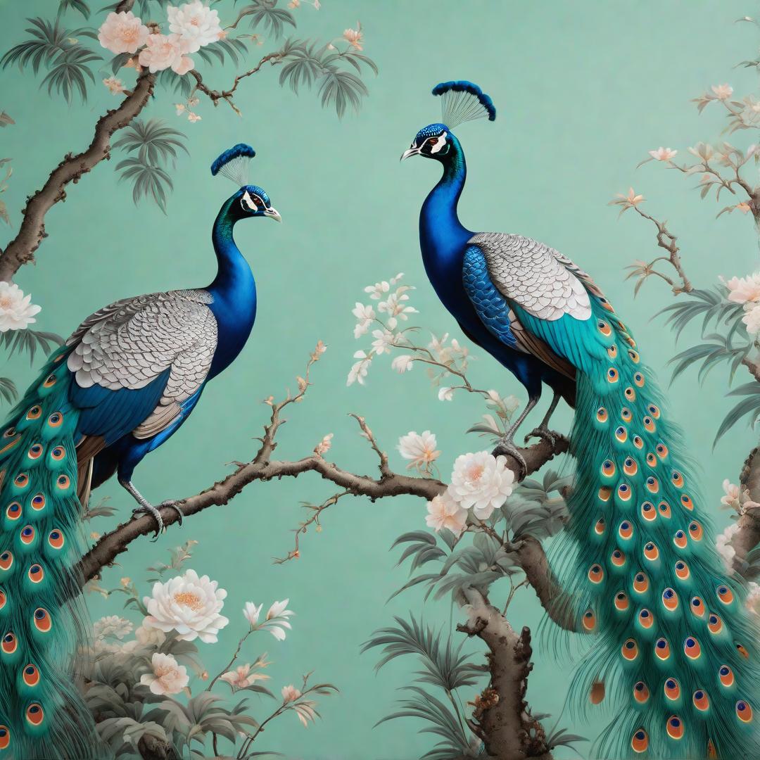  chinoiserie design in the style of de gournay with mint background and peacocks hyperrealistic, full body, detailed clothing, highly detailed, cinematic lighting, stunningly beautiful, intricate, sharp focus, f/1. 8, 85mm, (centered image composition), (professionally color graded), ((bright soft diffused light)), volumetric fog, trending on instagram, trending on tumblr, HDR 4K, 8K