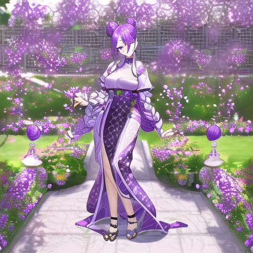  purple. twin bun hair. hair armament. hair between eyes. hair bun. jewelry. indoors. garden. lattice 8k. oshare kei. girl. kawaii. background cute cosmetics. blurred blush painting. full body.