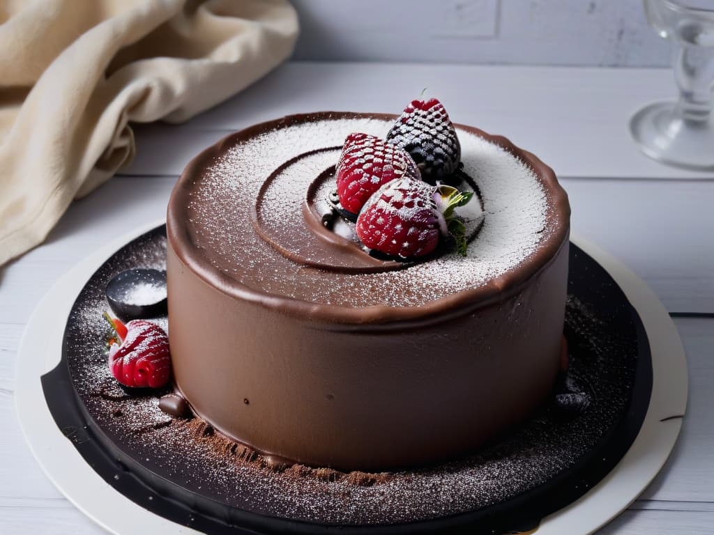  A closeup, ultradetailed image of a perfectly baked glutenfree teff flour chocolate cake, dusted with a light sprinkle of cocoa powder on top, sitting on a sleek, matte black plate against a clean, white background. The cake is adorned with a single vibrant red raspberry, glistening with moisture, adding a pop of color and freshness to the otherwise monochromatic scene. The texture of the cake is rich and decadent, with visible moist crumb structure and a glossy sheen, inviting the viewer to imagine its indulgent taste and the potential of teff flour in glutenfree desserts. hyperrealistic, full body, detailed clothing, highly detailed, cinematic lighting, stunningly beautiful, intricate, sharp focus, f/1. 8, 85mm, (centered image composition), (professionally color graded), ((bright soft diffused light)), volumetric fog, trending on instagram, trending on tumblr, HDR 4K, 8K