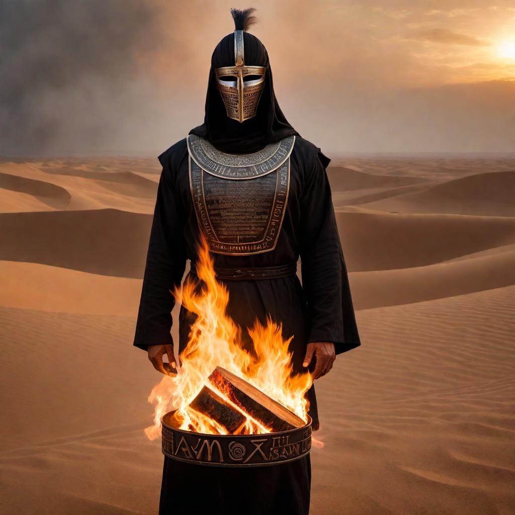  A man from the chest up wearing a human-like metal mask with Sumerian text engraved that reads 'I am who I am'. He is dressed in a black linen tunic and standing in the desert with a fire crackling before him. The scene conveys a mysterious and ancient atmosphere, with the flames casting a warm glow on the metal mask, highlighting the engraved phrase. hyperrealistic, full body, detailed clothing, highly detailed, cinematic lighting, stunningly beautiful, intricate, sharp focus, f/1. 8, 85mm, (centered image composition), (professionally color graded), ((bright soft diffused light)), volumetric fog, trending on instagram, trending on tumblr, HDR 4K, 8K