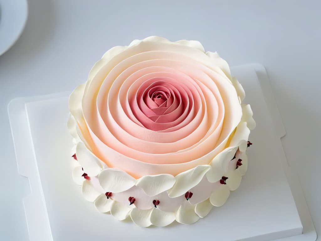  A closeup, ultradetailed image of a perfectly sculpted sugar rose, showcasing intricate layers and delicate petal details. The soft, pastel pink hue of the rose contrasts beautifully against a clean, white background, emphasizing the precision and artistry required in pastry competitions. hyperrealistic, full body, detailed clothing, highly detailed, cinematic lighting, stunningly beautiful, intricate, sharp focus, f/1. 8, 85mm, (centered image composition), (professionally color graded), ((bright soft diffused light)), volumetric fog, trending on instagram, trending on tumblr, HDR 4K, 8K