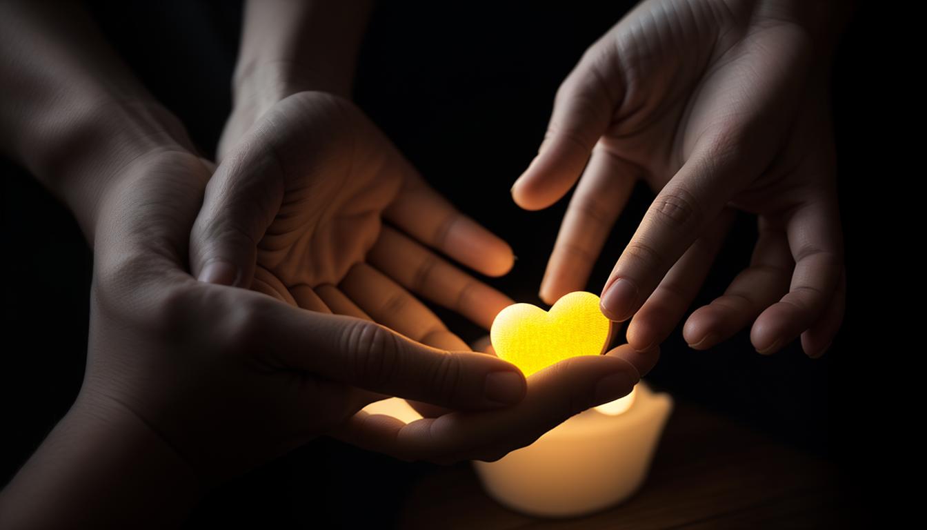  cinematic, aesthetic, A pair of open hands cradling a small, glowing heart, soft and tender light, warm and gentle ambiance, background of dark, muted colors, emotive, compassionate, 4k, HDR, lens flare