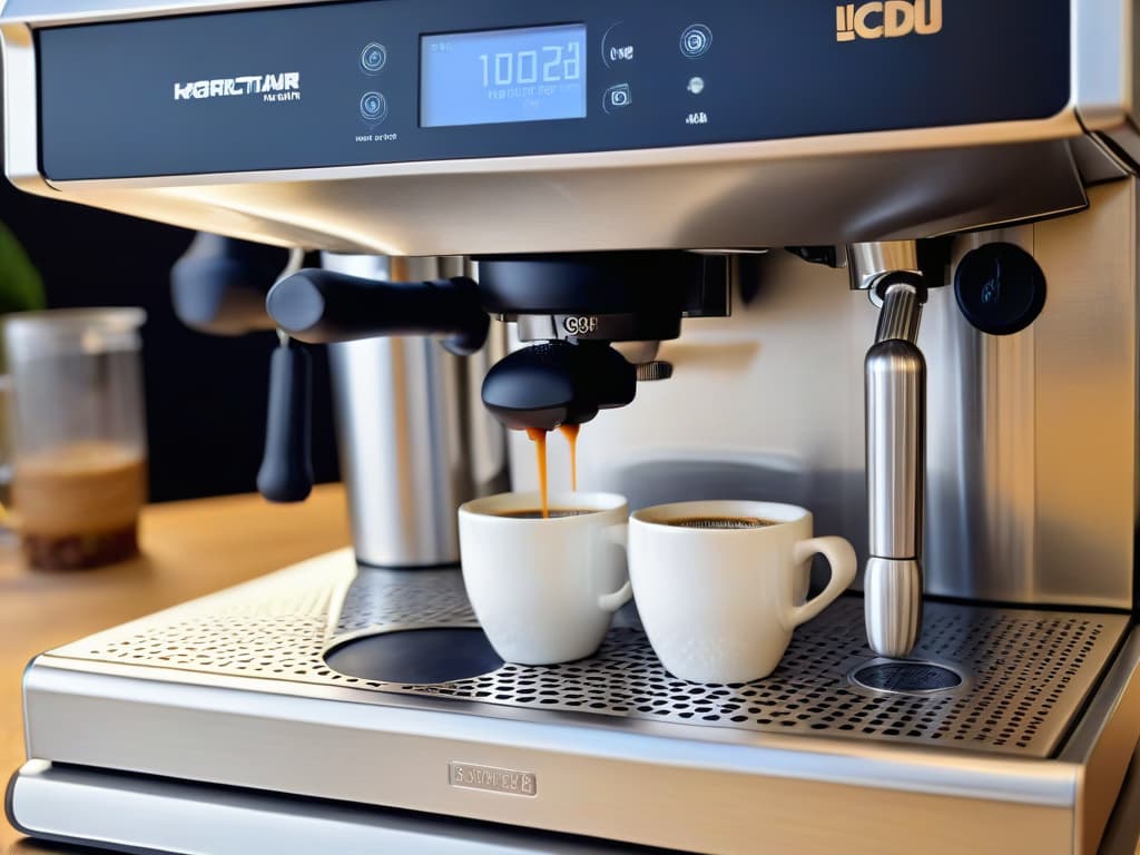  A closeup, ultradetailed image of a sleek, modern espresso machine with a metallic finish. The machine is set against a clean, white background, emphasizing its minimalist design. The light reflects off the smooth surfaces, highlighting the intricate details of the buttons and spouts. This highresolution image captures the essence of sophistication and precision, perfectly complementing the professional and inspiring tone of the article on the best coffee makers for pairing with desserts. hyperrealistic, full body, detailed clothing, highly detailed, cinematic lighting, stunningly beautiful, intricate, sharp focus, f/1. 8, 85mm, (centered image composition), (professionally color graded), ((bright soft diffused light)), volumetric fog, trending on instagram, trending on tumblr, HDR 4K, 8K