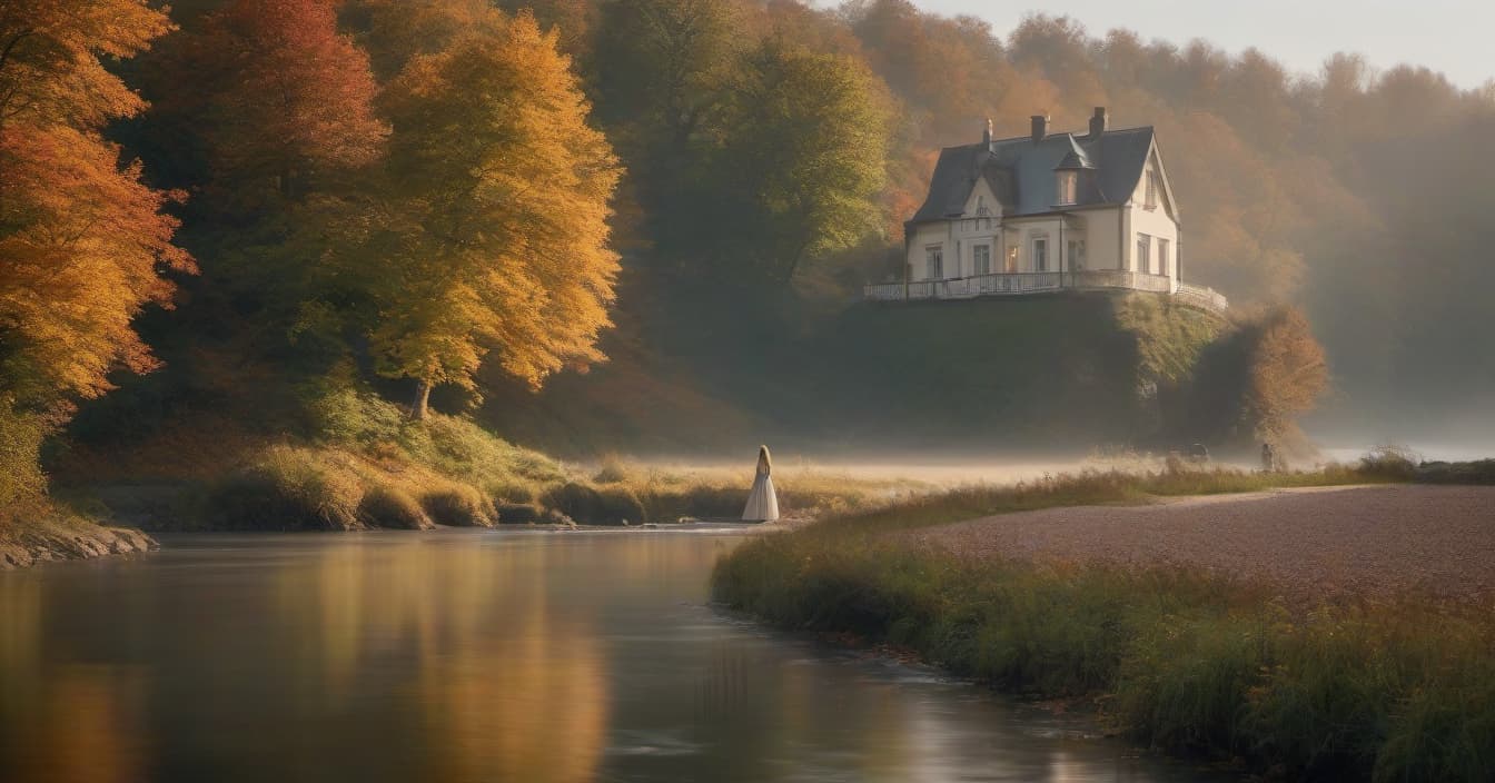  autumn. a small country house. a long haired girl in a dress and a man walks along the river hyperrealistic, full body, detailed clothing, highly detailed, cinematic lighting, stunningly beautiful, intricate, sharp focus, f/1. 8, 85mm, (centered image composition), (professionally color graded), ((bright soft diffused light)), volumetric fog, trending on instagram, trending on tumblr, HDR 4K, 8K