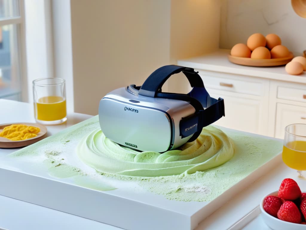  A highresolution photorealistic image of a modern, sleek virtual reality headset placed on a marble countertop, surrounded by an array of colorful baking ingredients such as flour, sugar, eggs, and berries. The headset's screen displays a vibrant, lifelike virtual kitchen environment with interactive baking tools and ingredients floating in the air, enticing the viewer to step into the world of virtual pastrymaking. The scene is illuminated by soft natural light coming from a window, casting gentle shadows and creating a warm, inviting atmosphere perfect for learning the art of baking through virtual reality. hyperrealistic, full body, detailed clothing, highly detailed, cinematic lighting, stunningly beautiful, intricate, sharp focus, f/1. 8, 85mm, (centered image composition), (professionally color graded), ((bright soft diffused light)), volumetric fog, trending on instagram, trending on tumblr, HDR 4K, 8K