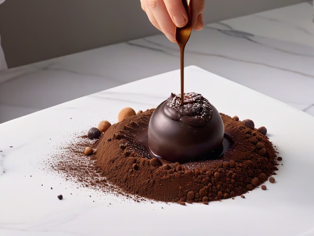  An ultradetailed closeup image of a glossy, dark chocolate truffle being delicately sprinkled with cocoa powder by a skilled chef's hands, set against a pristine white marble countertop. The truffle glistens under a soft spotlight, showcasing intricate details of its smooth, velvety texture and rich color. The cocoa dust floats in the air, captured in exquisite clarity, adding a touch of elegance and artistry to the scene. hyperrealistic, full body, detailed clothing, highly detailed, cinematic lighting, stunningly beautiful, intricate, sharp focus, f/1. 8, 85mm, (centered image composition), (professionally color graded), ((bright soft diffused light)), volumetric fog, trending on instagram, trending on tumblr, HDR 4K, 8K