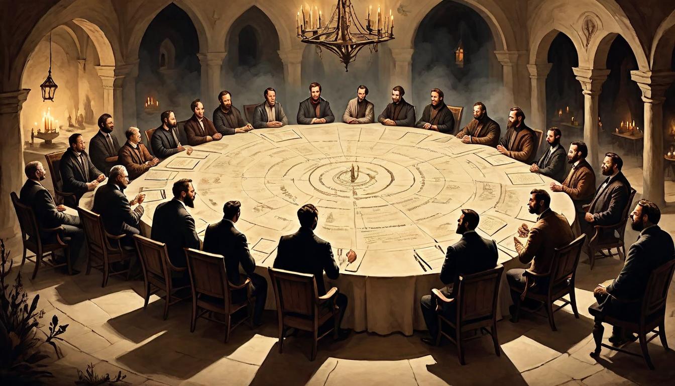  on parchment, surrealism+++, A roundtable illuminated by candlelight, shadows cast long but faces visible, a collaborative meeting, community and shared goals highlighted, warmth in unity, inclusivity(mysterious, provocative, symbolic,muted color)+++