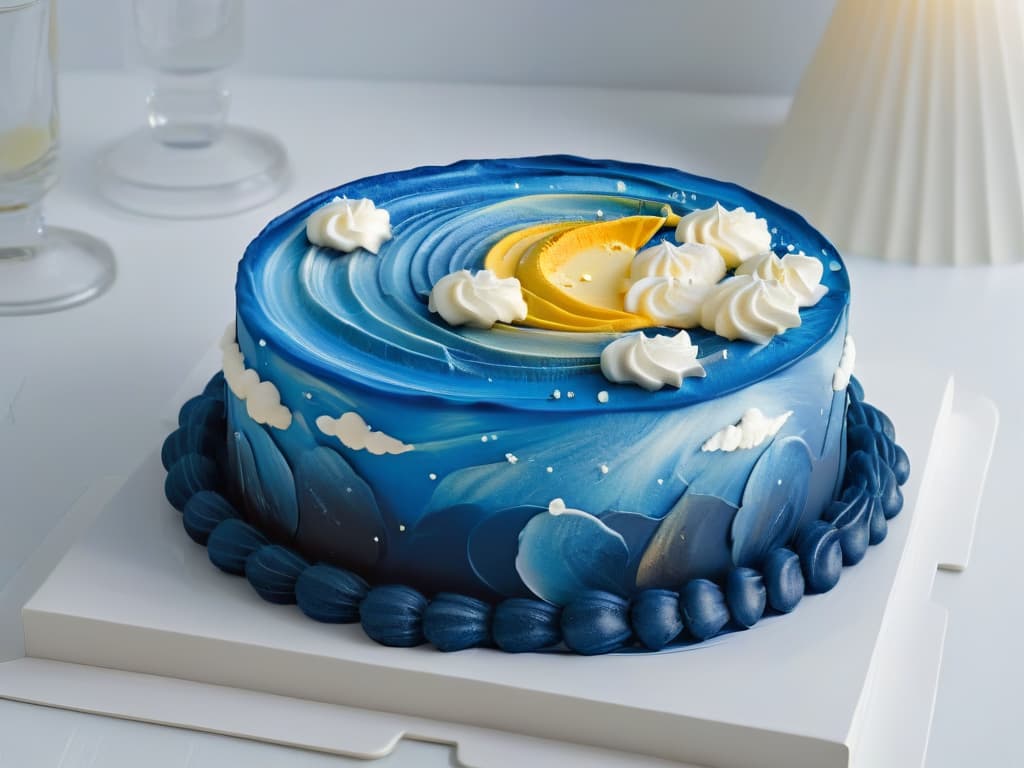  A closeup, ultradetailed 8k image of a delicate, intricate dessert inspired by Van Gogh's "Starry Night," featuring swirls of vibrant blue and yellow frosting meticulously piped to resemble the iconic swirling night sky, set against a stark white plate to emphasize the artistry and attention to detail in the presentation. hyperrealistic, full body, detailed clothing, highly detailed, cinematic lighting, stunningly beautiful, intricate, sharp focus, f/1. 8, 85mm, (centered image composition), (professionally color graded), ((bright soft diffused light)), volumetric fog, trending on instagram, trending on tumblr, HDR 4K, 8K