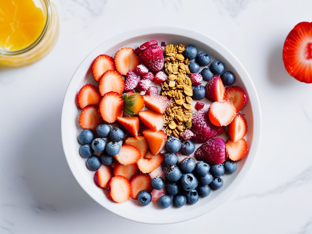  A highresolution image of a minimalist açaí bowl beautifully presented on a white marble countertop, topped with fresh berries, granola, and a drizzle of honey. The vibrant colors of the açaí blend with the natural hues of the toppings, creating a visually striking and appetizing composition. The focus is on the texture and freshness of the ingredients, inviting the viewer to indulge in a healthy and exotic dessert experience. hyperrealistic, full body, detailed clothing, highly detailed, cinematic lighting, stunningly beautiful, intricate, sharp focus, f/1. 8, 85mm, (centered image composition), (professionally color graded), ((bright soft diffused light)), volumetric fog, trending on instagram, trending on tumblr, HDR 4K, 8K