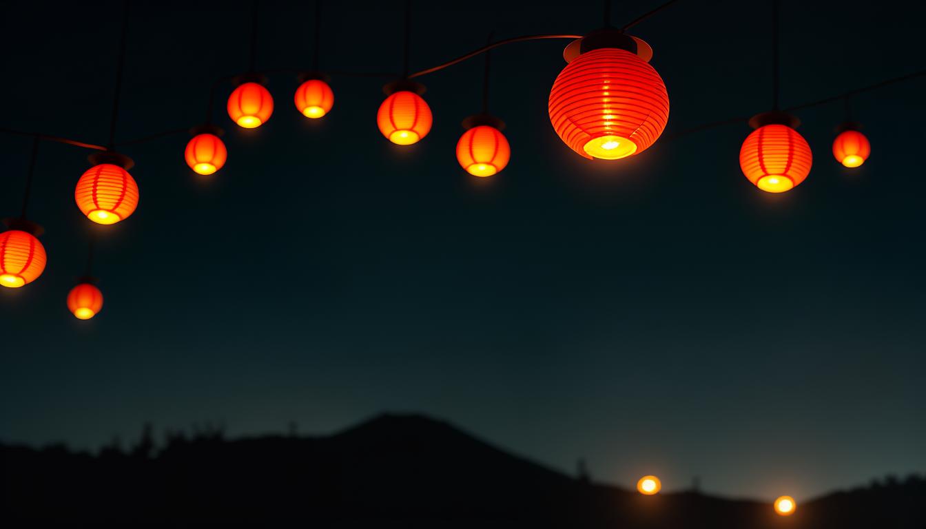  Retro anime aesthetics, retro futuristic A collection of small, glowing lanterns, hovering in mid air, each flame flickering gently, varied heights and distances, representing moments of help, light in darkness, gentle warmth, 4k, HDR, lens flare