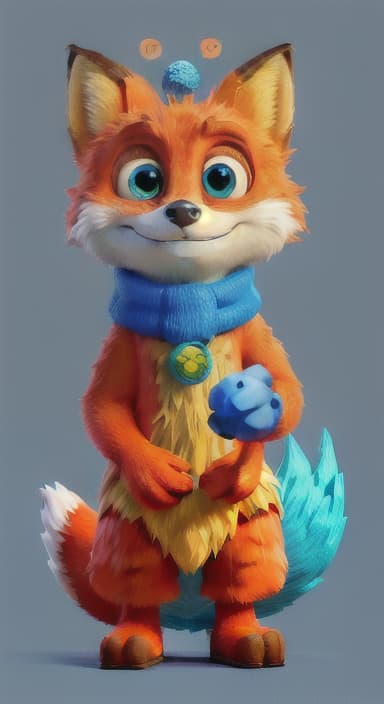  {Error the fox pressing the blue button with his paw, looking puzzled as nothing occurs., Error is a small, bright orange fox with a fluffy tail and big, inquisitive eyes. He has a mischievous yet kind expression and wears a tiny green scarf.