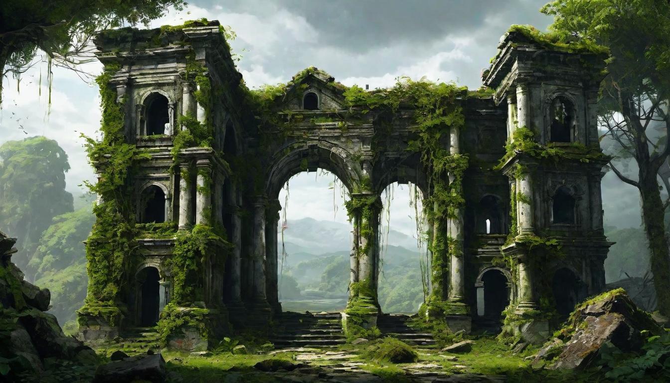  digital illustration, Crumbling ancient structures, overgrown with vines and moss, cracks and decay visible, gloomy atmosphere, symbolic of decline, looking at viewer, dynamic pose, (intricate details, masterpiece, best quality)