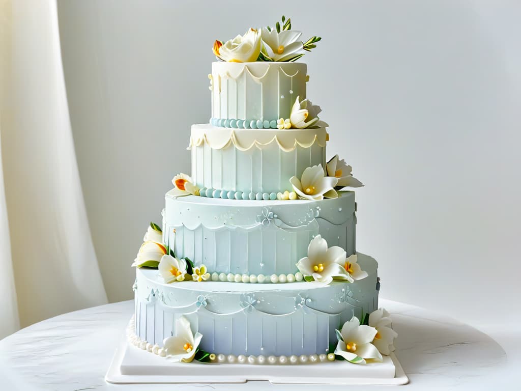  A photorealistic image of a beautifully decorated threetiered wedding cake, intricately adorned with delicate sugar flowers in pastel hues, shimmering edible pearls, and intricate icing details. The cake is displayed on a pristine white marble table under soft, natural light that highlights every exquisite detail, showcasing the skill and artistry of a talented pastry chef. The background is softly blurred, drawing the viewer's eye to the stunning centerpiece, making it a captivating visual representation of the artistry and craftsmanship involved in creating delectable confections. hyperrealistic, full body, detailed clothing, highly detailed, cinematic lighting, stunningly beautiful, intricate, sharp focus, f/1. 8, 85mm, (centered image composition), (professionally color graded), ((bright soft diffused light)), volumetric fog, trending on instagram, trending on tumblr, HDR 4K, 8K