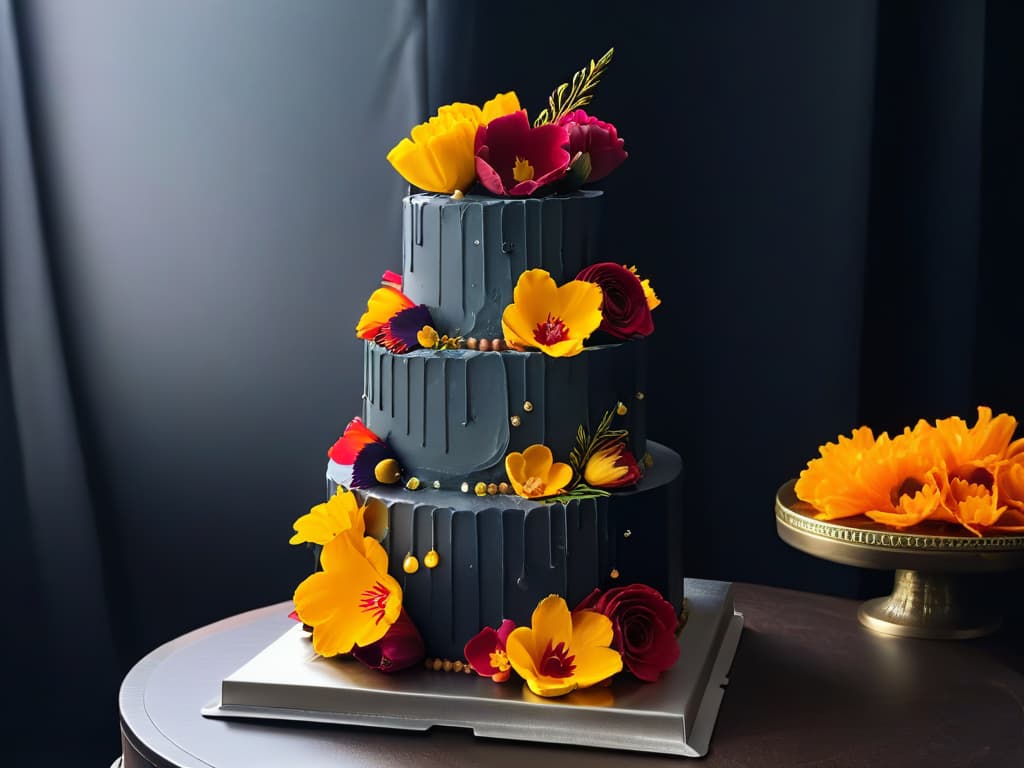  An extravagant and intricately decorated threetiered cake, adorned with vibrant edible flowers, shimmering gold leaf accents, and exotic spices like saffron, cardamom, and cinnamon. The cake is displayed on a silver cake stand against a dark, moody background, highlighting its exquisite details and luxurious presentation. hyperrealistic, full body, detailed clothing, highly detailed, cinematic lighting, stunningly beautiful, intricate, sharp focus, f/1. 8, 85mm, (centered image composition), (professionally color graded), ((bright soft diffused light)), volumetric fog, trending on instagram, trending on tumblr, HDR 4K, 8K