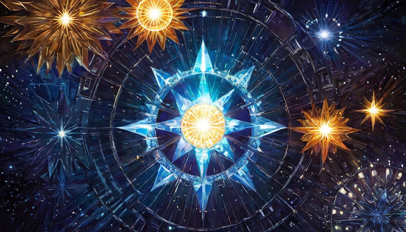  digital illustration, A figure aligned with a large glowing star, true purpose, soul connection, illuminated, unified, looking at viewer, dynamic pose, (intricate details, masterpiece, best quality)