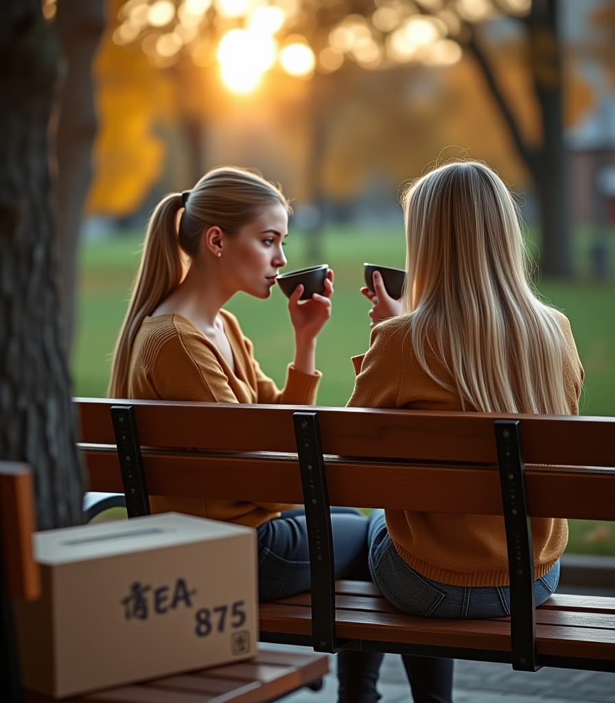  city ​​park, autumn, evening, beautiful russian blond girls are sitting on a bench in the park, drinking tea from bowls, next to the bench is chinese tea utensils, on the bench is a cardboard box with an inscription, text on box [drawing text] (with text “tea875"), hyper realistic, 4k