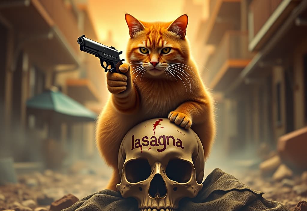  a 1970s style movie poster. very stylized and realistic movie poster. ((the title of the movie at the bottom of the poster is "planet of the cats")). ((the primary subject should be an angry looking chubby orange cat pointing a gun)). the cat is perched on top of a human skull that has blood on it. the word "lasagna" has been crudely written in blood onto the skull's forehead. at the top of the poster it should say (("featuring charlton heston and garfield!")). the background behind the cat should look like a faded crumbling apocalyptic cityscape hyperrealistic, full body, detailed clothing, highly detailed, cinematic lighting, stunningly beautiful, intricate, sharp focus, f/1. 8, 85mm, (centered image composition), (professionally color graded), ((bright soft diffused light)), volumetric fog, trending on instagram, trending on tumblr, HDR 4K, 8K