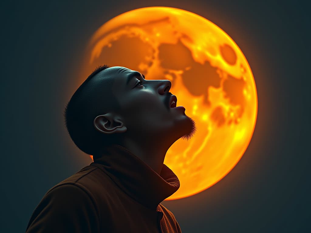  the moon is eating an orange hyperrealistic, full body, detailed clothing, highly detailed, cinematic lighting, stunningly beautiful, intricate, sharp focus, f/1. 8, 85mm, (centered image composition), (professionally color graded), ((bright soft diffused light)), volumetric fog, trending on instagram, trending on tumblr, HDR 4K, 8K