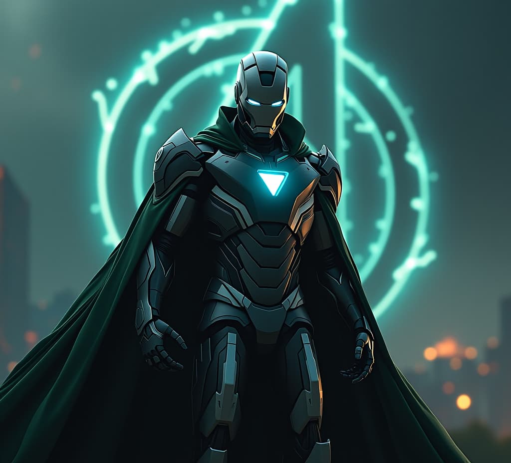  good quality, high quality, a hyper realistic movie poster for "avengers: secret war" starring tom cruise as ultimate ultron. he stands ominously in the foreground, his metallic body glowing with a faint blue green light. his dark green cloak flows in the wind, partially covering his iron man like armor. the war torn city behind him is shrouded in deep shadows, with the avengers logo crackling with energy in the background.