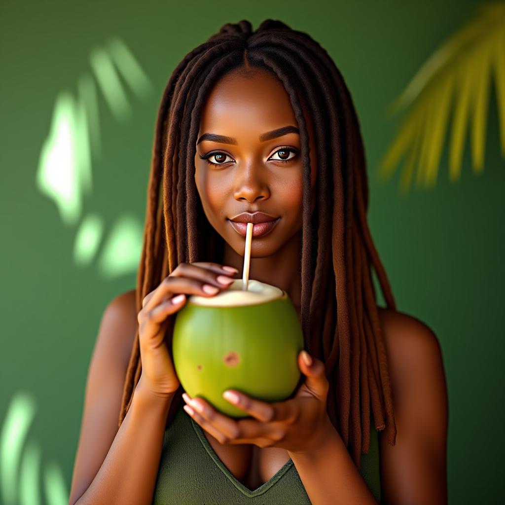  make an image of a tan woman with brown haired dreadlocks in a green sipping from a coconut in jamaica