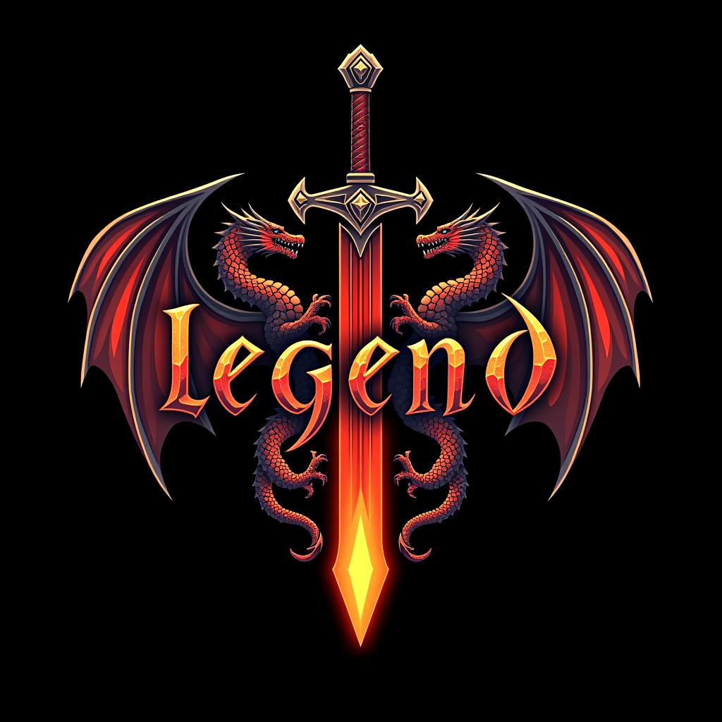  logo, custom sticker design on an isolated black background with the words ‘legend’ in bold font decorated by mythical dragons and a flaming sword