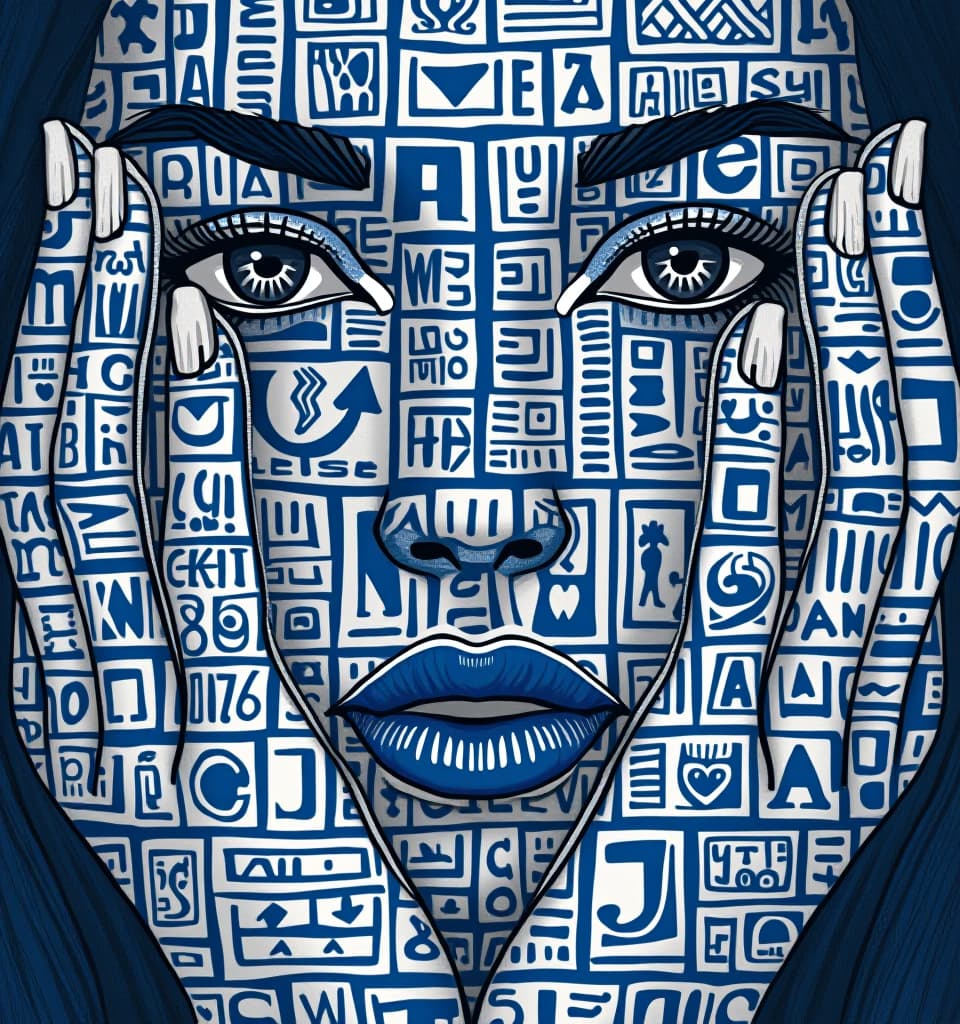  hyperrealistic art hieroglyphs, letters, numbers and shapes form a repeating pattern inspired by the linocuts of designers and artists of the 1930s. this pattern covers the face and hands of a woman (tilda swinton:0.8), shown in close up. the image is in colors that accurately match lapis lazuli, cool gray and white. influence of fantasy style of alexander jansson. . extremely high resolution details, photographic, realism pushed to extreme, fine texture, incredibly lifelike