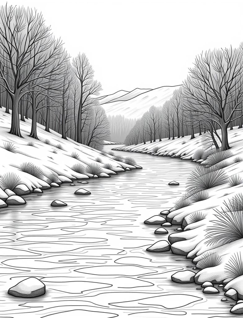  this is for an adult coloring page. a detailed black and white line art of a snowy winter scene of a frozen river winding through a snow covered valley on a solid white background.