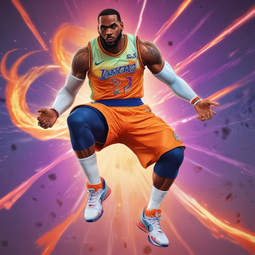 distance-shot, flashy, full-body, dynamic, holographic, animated cartoon poster of lebron james in the style of dragon ball super