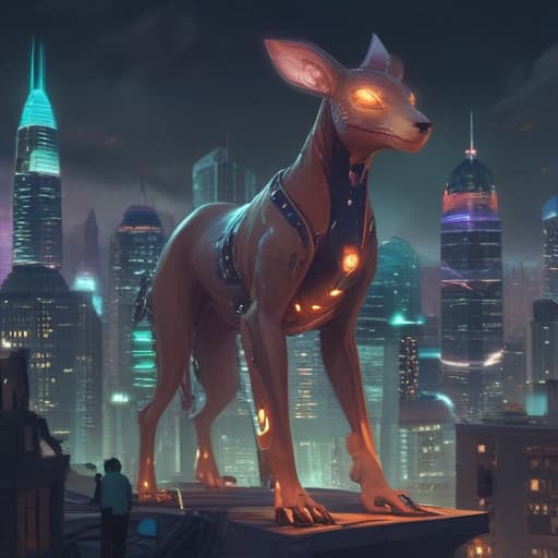 In a futuristic cityscape, towering skyscrapers loom in the background as a sleek and metallic creature known as LongBoy Legion Alpha Sausage stands tall in the foreground. Its body is a mix of intricate circuitry and glowing lights, exuding an aura of power and intelligence. With a single glowing eye fixed on the viewer, it seems to be calculating its next move. The city below is bathed in a soft, ethereal light, adding to the otherworldly atmosphere of the scene. fantastical creatures or characters inspired by mythology, folklore, or popular culture. use vibrant colors, sharp lines, intricate details, dynamic poses, dramatic lighting, atmospheric backgrounds, and blend anime, manga, and Western comic influences.