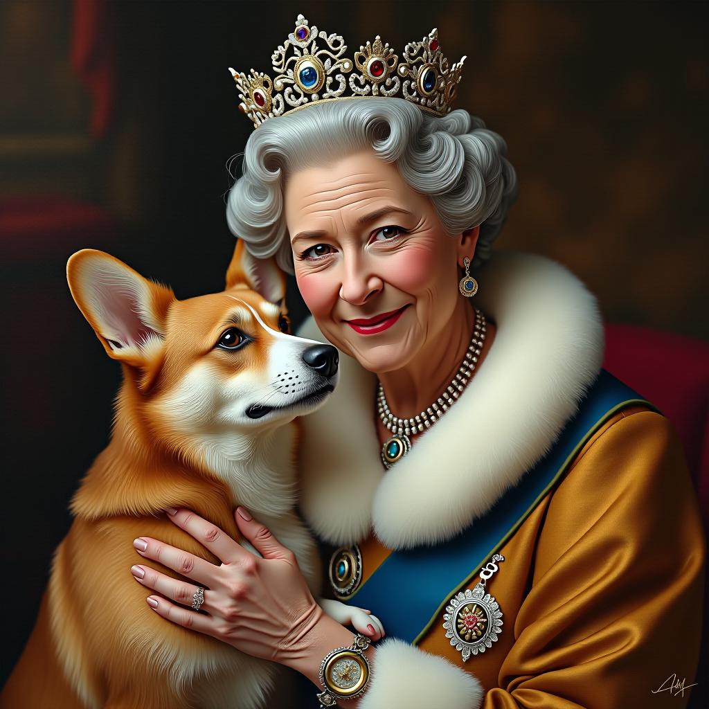  breathtaking masterpiece. (painting, oil painting. queen of england with corgi dog:1.5). intense close up. highly detailed strokes, clarity. fantasy, surrealism style. . award winning, professional, highly detailed hyperrealistic, full body, detailed clothing, highly detailed, cinematic lighting, stunningly beautiful, intricate, sharp focus, f/1. 8, 85mm, (centered image composition), (professionally color graded), ((bright soft diffused light)), volumetric fog, trending on instagram, trending on tumblr, HDR 4K, 8K