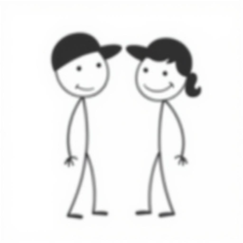  two stick figures, one male and one female, both wearing black caps, positioned side by side. the male stickman has a simple design, with a round head, thin limbs, and a straight torso, while the female stickwoman features a slightly curved outline for added femininity. the characters are drawn in a minimalist style, emphasizing their stick like nature. the background is entirely blank and white, providing a stark contrast to the black figures, allowing them to stand out prominently. the overall composition exudes a playful and whimsical vibe, suggesting a light hearted interaction between the two characters, possibly with smiles on their f