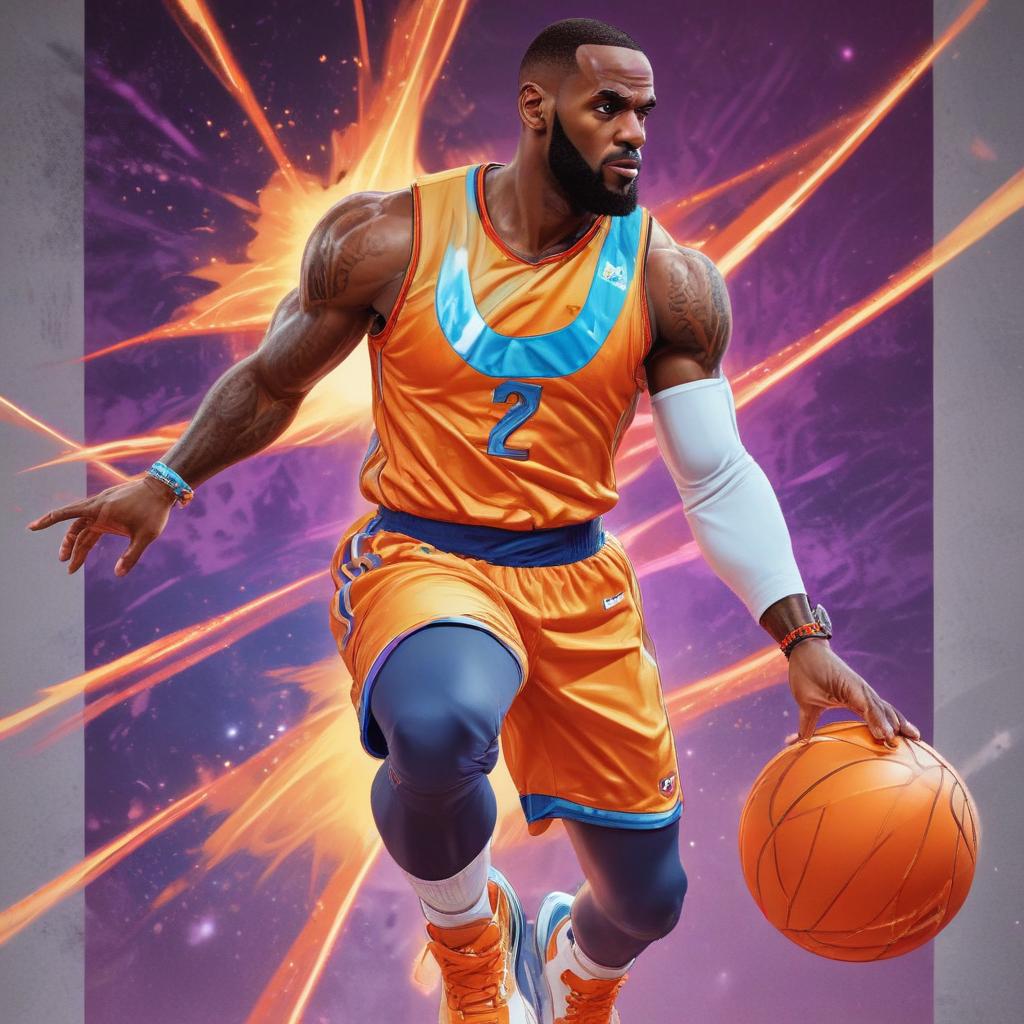 distance-shot, flashy, full-body, dynamic, holographic, animated cartoon poster of lebron james in the style of dragon ball super