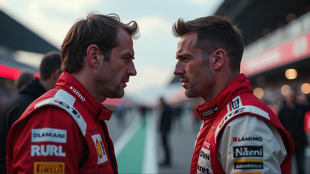  create a hyper realistic image that delves into the intense emotions surrounding the dtm race between mirko bortolotti and kelvin van der linde. the scene is set in the aftermath of the controversial comments made by bortolotti regarding the balance of performance, sparking a heated reaction from van der linde. in the center of the composition, depict a dramatic confrontation between the two drivers, with kelvin van der linde visibly upset, his abt audi suit emphasizing his disappointment and f