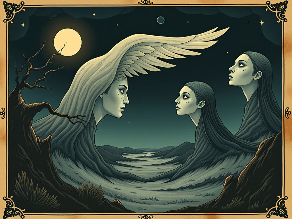  whispering faces in the wind, surreal landscape, moonlight casting shadows, eerie and mysterious. an illustration in the style of a worn, mystical old tarot trump card, mysterious and elements of surrealism. the colors are muted, somber and eerie, but with contrast bring out an occult and esoteric vibe.