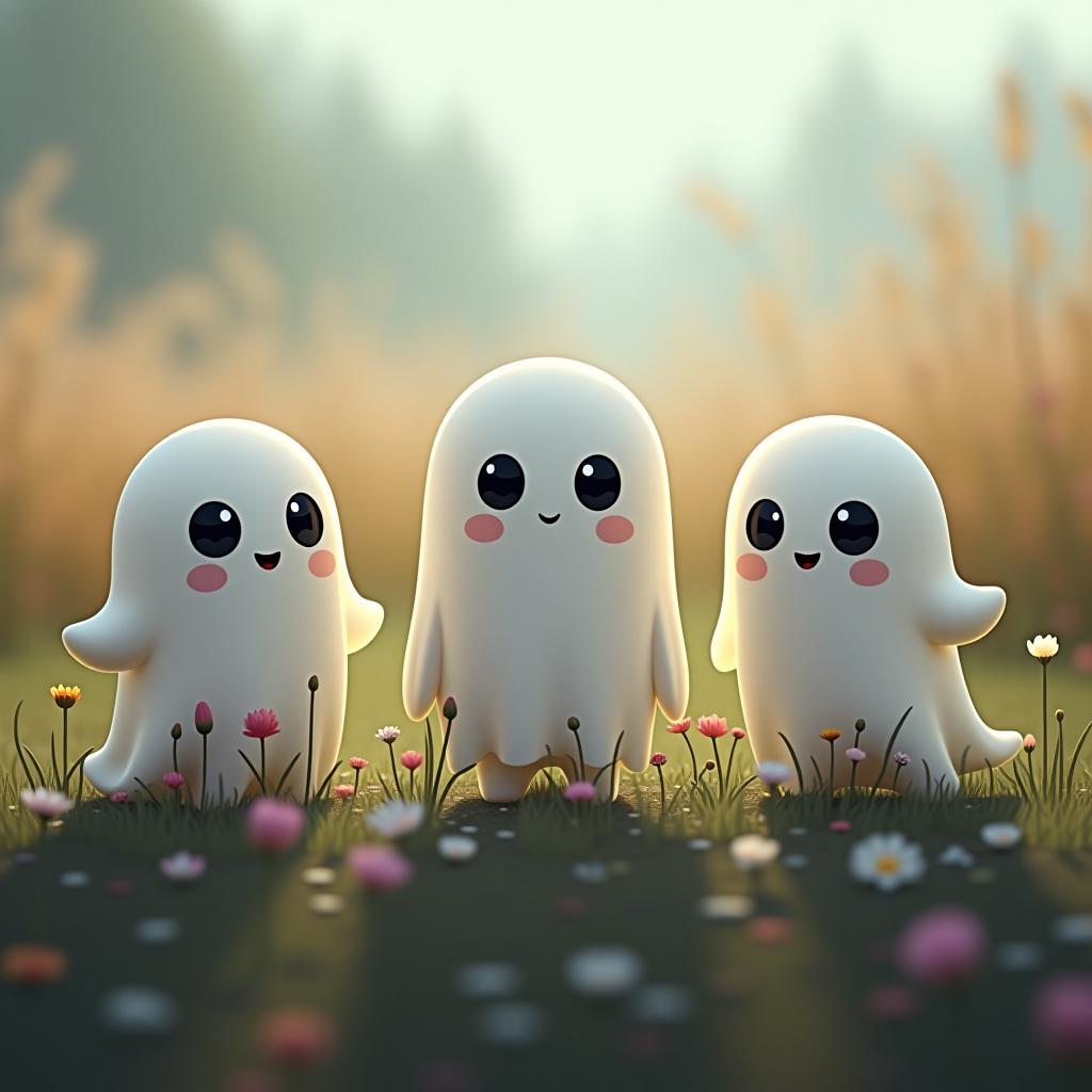  create a digital illustration featuring a row of three cute, cartoonish ghost characters, each with a different appearance, standing in different positions within sparse, life like wildflowers. hyperrealistic, full body, detailed clothing, highly detailed, cinematic lighting, stunningly beautiful, intricate, sharp focus, f/1. 8, 85mm, (centered image composition), (professionally color graded), ((bright soft diffused light)), volumetric fog, trending on instagram, trending on tumblr, HDR 4K, 8K