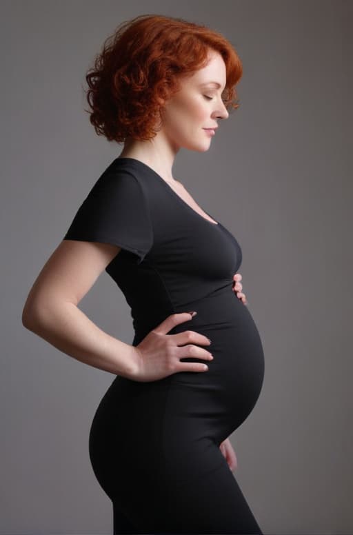 Pregnant redhead with short curly puffy hair, in very tight elastic black workout maternity jumpsuit, side view, long skinny pregnant belly that sticks straight out, american, cinematic