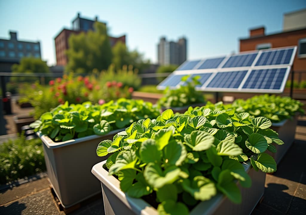  a wide angle shot of a sustainable urban garden on a rooftop, lush green plants thriving in repurposed containers, solar panels visible in the background, captured during midday with bright sunlight, shot with a sony a7r iv, 28mm lens, vibrant colors