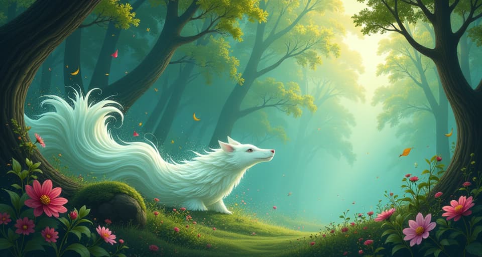  a sweeping, powerful wind, carrying leaves and flowers, rushing through a mystical forest, force of nature, dynamic and transformative energy.. the style is digital art illustration,highly detailed, whimsical,magical, dreamlike atmosphere, realism and fantasy blend, smooth, glossy textures,luminous quality, wonder and enchantment.