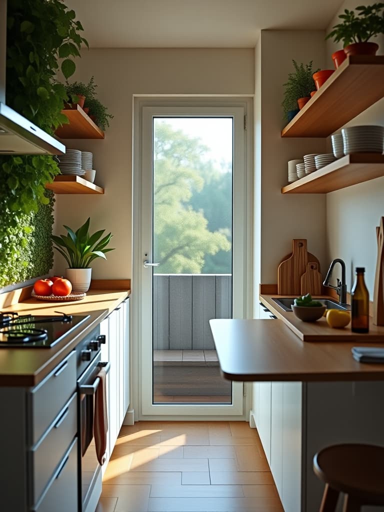  high quality portrait photo of a small galley kitchen with a vertical herb garden on one wall, floating shelves displaying colorful dishes, and a fold down table attached to the opposite wall hyperrealistic, full body, detailed clothing, highly detailed, cinematic lighting, stunningly beautiful, intricate, sharp focus, f/1. 8, 85mm, (centered image composition), (professionally color graded), ((bright soft diffused light)), volumetric fog, trending on instagram, trending on tumblr, HDR 4K, 8K