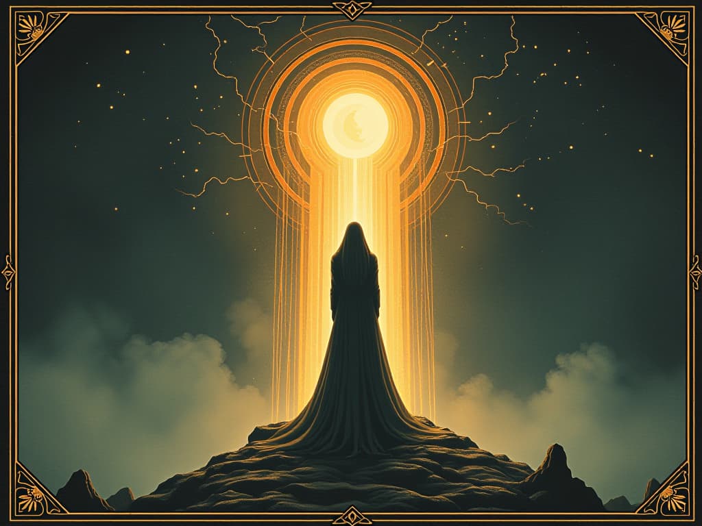  a figure ready to transcend, standing at the threshold of a radiant portal, readiness and determination, mystical allure. an illustration in the style of a worn, mystical old tarot trump card, mysterious and elements of surrealism. the colors are muted, somber and eerie, but with contrast bring out an occult and esoteric vibe.