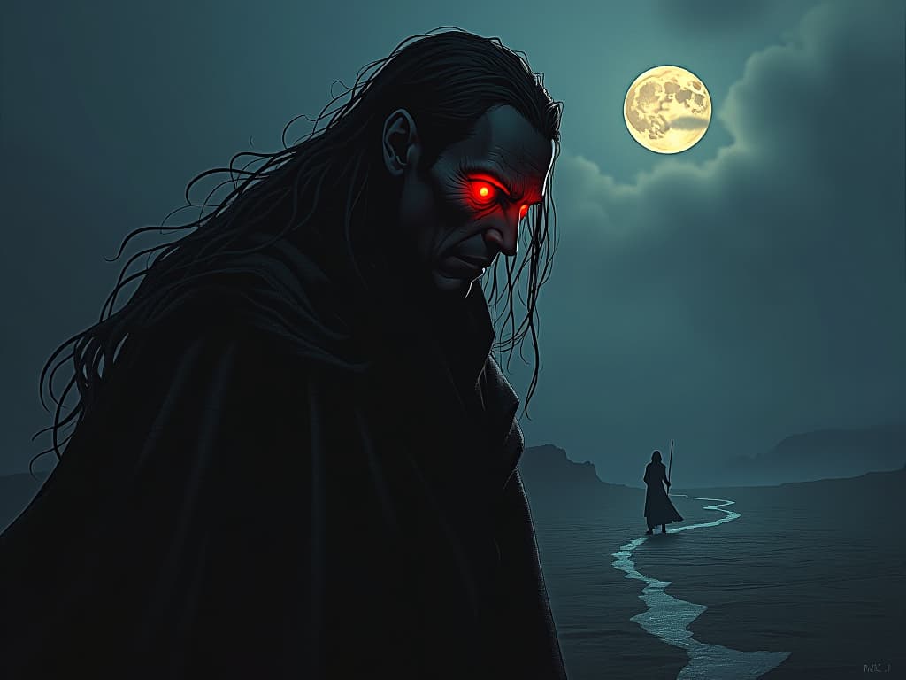  cain with a glowing mark on his brow, desolate wasteland, haunting moonlight, sorrowful gaze, shadowy terrain. the style is dark fantasy and mysterious occult, symbolic, moody lighting, esoteric vibe,high detail on character design. for the color scheme emphasize blacks and reds.