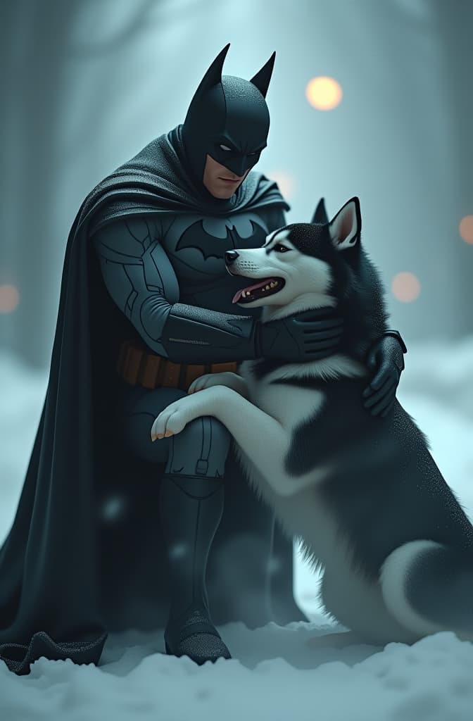  batman petting a black and white siberian husky hyperrealistic, full body, detailed clothing, highly detailed, cinematic lighting, stunningly beautiful, intricate, sharp focus, f/1. 8, 85mm, (centered image composition), (professionally color graded), ((bright soft diffused light)), volumetric fog, trending on instagram, trending on tumblr, HDR 4K, 8K