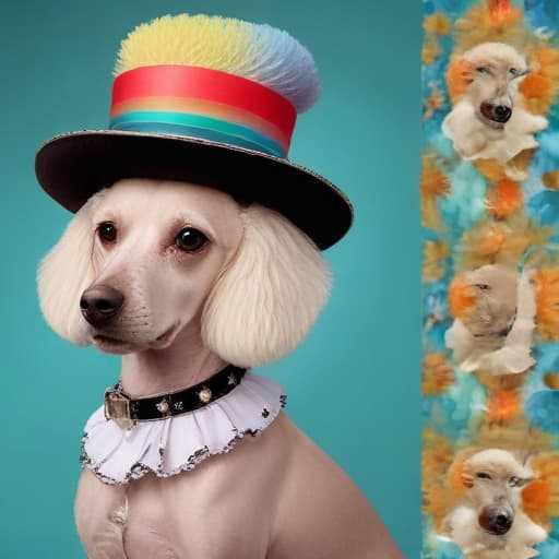 Rainbow drag queen cowboy top hat and headdress tuxedo with spurs poodle Elizabethan collar wand paraso in the Van Gogh style by Rembrandt