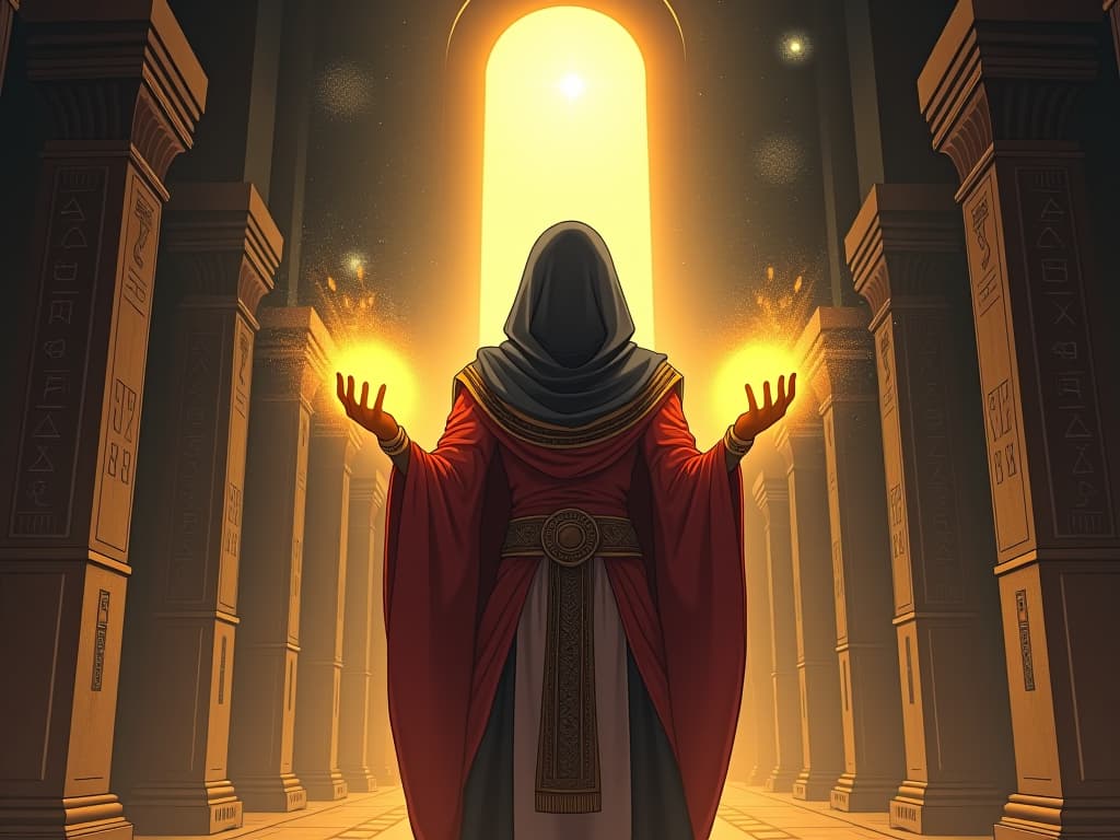  figure in egyptian attire, hands glowing with ethereal light, standing in a temple illuminated by celestial glow, hieroglyphs on the walls, atmosphere of awakening and potential. the style is digital art illustration / modern comic book / mysterious occult, symbolic, esoteric vibe,high detail on character design, incorporating ancient egyptian symbology and attire.