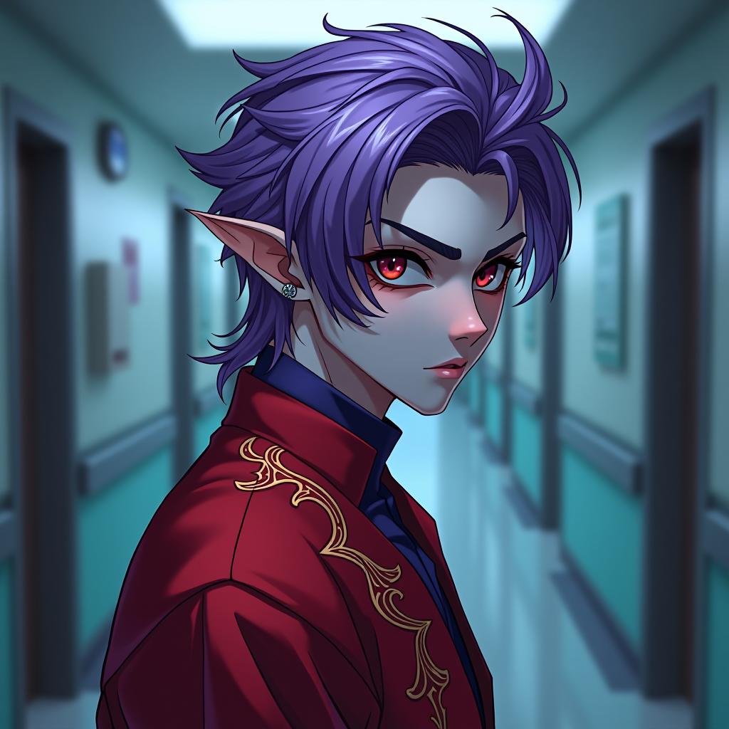  manga style the doctor of the dark elves is a young man who turned his head straight into the camera, as did his gaze marble white skin, purple hair with a scarlet tint, lavender eyes with a red tint, dressed in a red purple shirt embroidered with red gold, the doctor's robe is worn over the shirt. hairstyle in the style of disheveled hair. in the right ear, a crescent shaped earring with teeth inside. tattoo in the form of a crescent with a serrated inner side is applied from the left temple to the left cheekbone, wrapping around the left eye socket, the crescent moon faces the eye with a serrated inner side, the body is completely turned to the camera full face. the young doctor hesitates to look into the hospital room, slightly hiding  hyperrealistic, full body, detailed clothing, highly detailed, cinematic lighting, stunningly beautiful, intricate, sharp focus, f/1. 8, 85mm, (centered image composition), (professionally color graded), ((bright soft diffused light)), volumetric fog, trending on instagram, trending on tumblr, HDR 4K, 8K