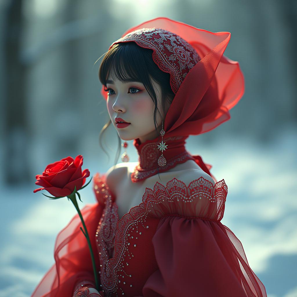  dreamscape (cyfruit: 1.4) red rose on the snow, exquisite, beautiful, attention to details . surreal, ethereal, dreamy, mysterious, fantasy, highly detailed hyperrealistic, full body, detailed clothing, highly detailed, cinematic lighting, stunningly beautiful, intricate, sharp focus, f/1. 8, 85mm, (centered image composition), (professionally color graded), ((bright soft diffused light)), volumetric fog, trending on instagram, trending on tumblr, HDR 4K, 8K