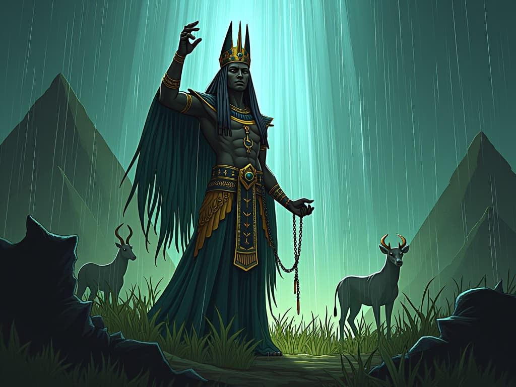  tlaloc commanding elements, rain falling, plants thriving, animals grazing, aura of life and prosperity. the style is digital art illustration / modern comic book / mysterious occult, symbolic, esoteric vibe,high detail on character design, incorporating ancient egyptian symbology and attire.