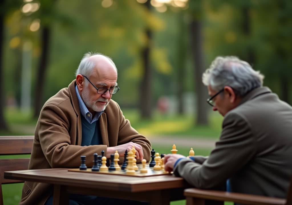  an elderly man is playing chess in the park