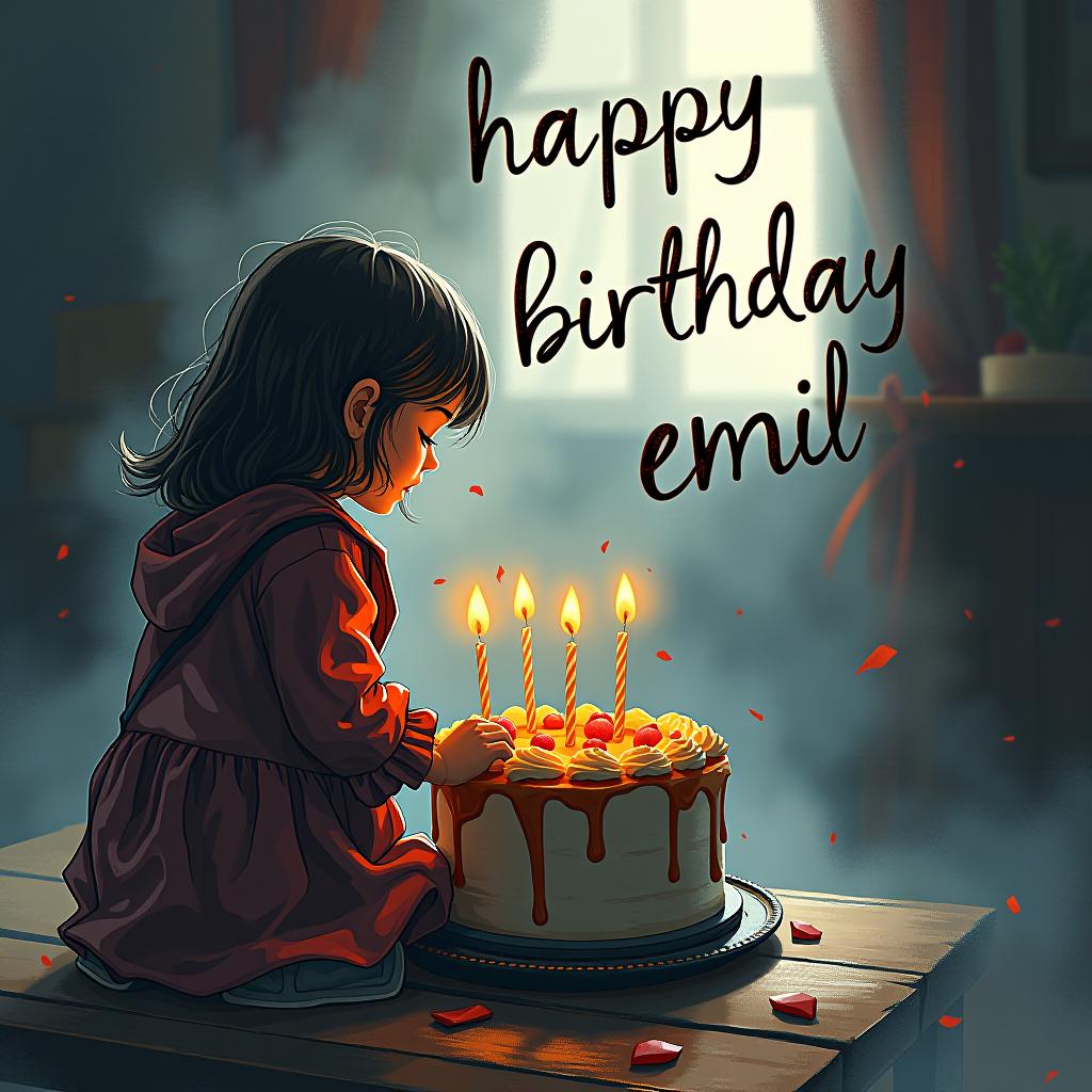  hand drawn sketch style birthday scene with loose, expressive lines and "happy birthday emil!" in casual handwritten text hyperrealistic, full body, detailed clothing, highly detailed, cinematic lighting, stunningly beautiful, intricate, sharp focus, f/1. 8, 85mm, (centered image composition), (professionally color graded), ((bright soft diffused light)), volumetric fog, trending on instagram, trending on tumblr, HDR 4K, 8K