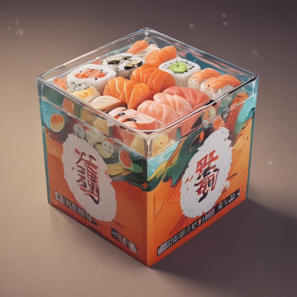 distance-shot, flashy, full-body, dynamic, holographic, animated cartoon poster of a take-out box of sushi in the style of dragon ball super